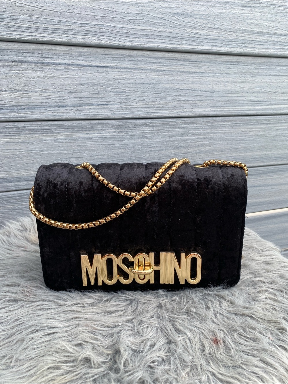 Black Quilted Velvet Shoulder Bag with Gold Hardware